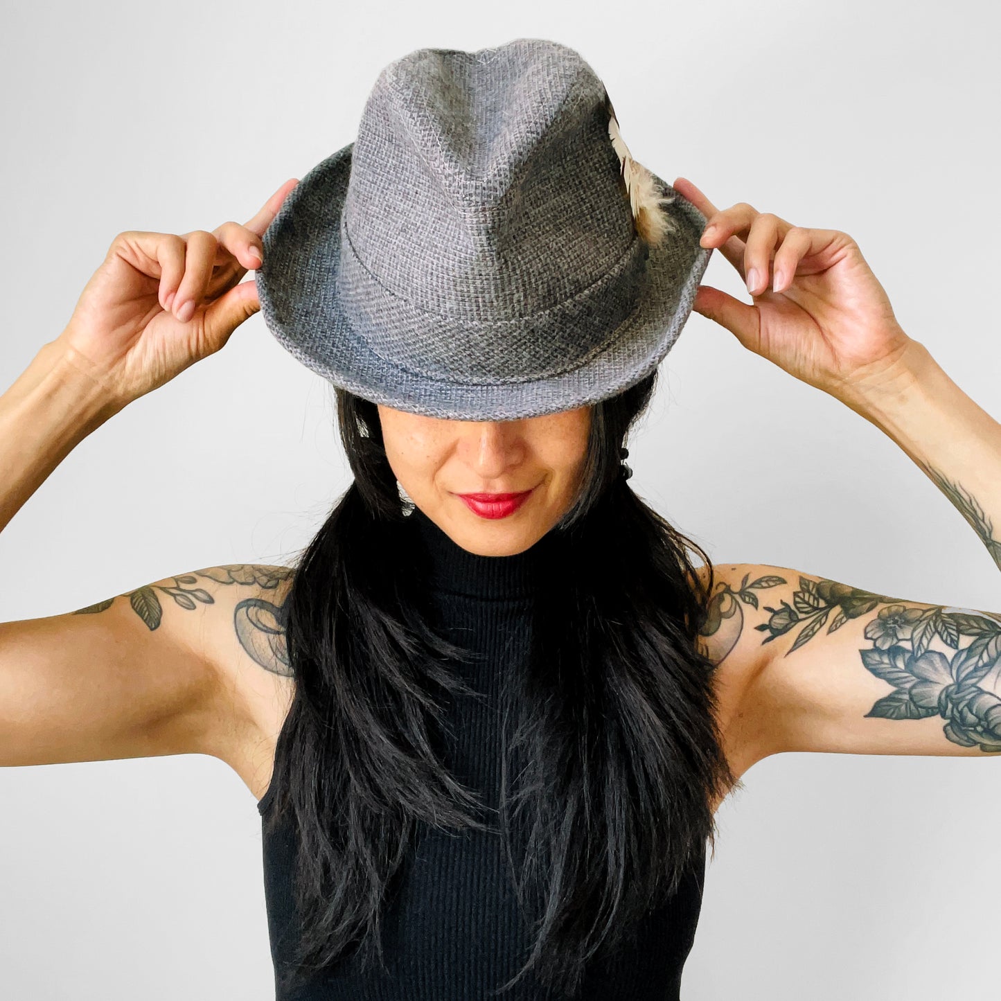 Grey Wool Tweed Feathered Fedora - XS