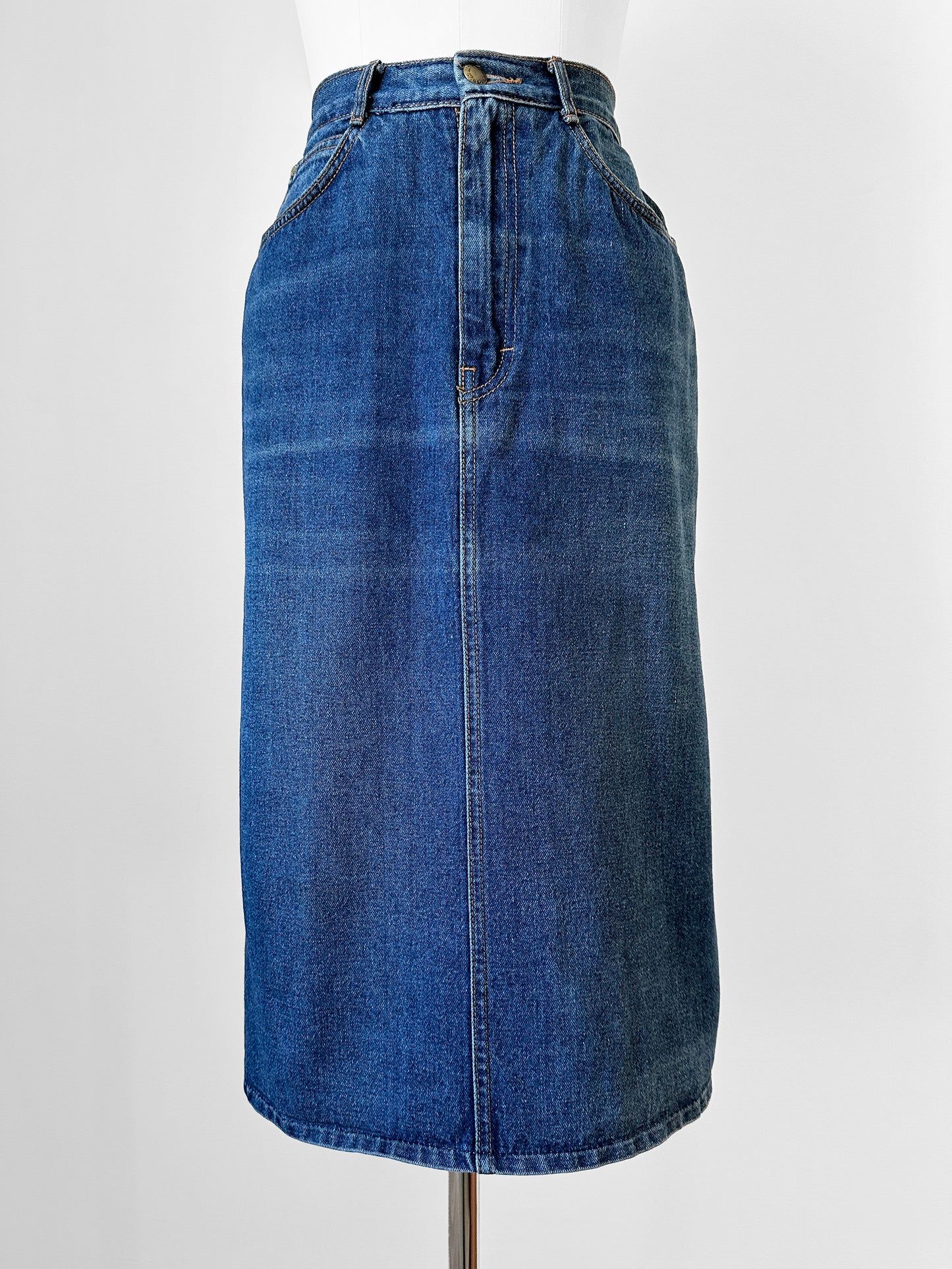 1980s Gitano Knee-Length Well-Worn Distressed Blue Jean Denim Skirt - Waist 28