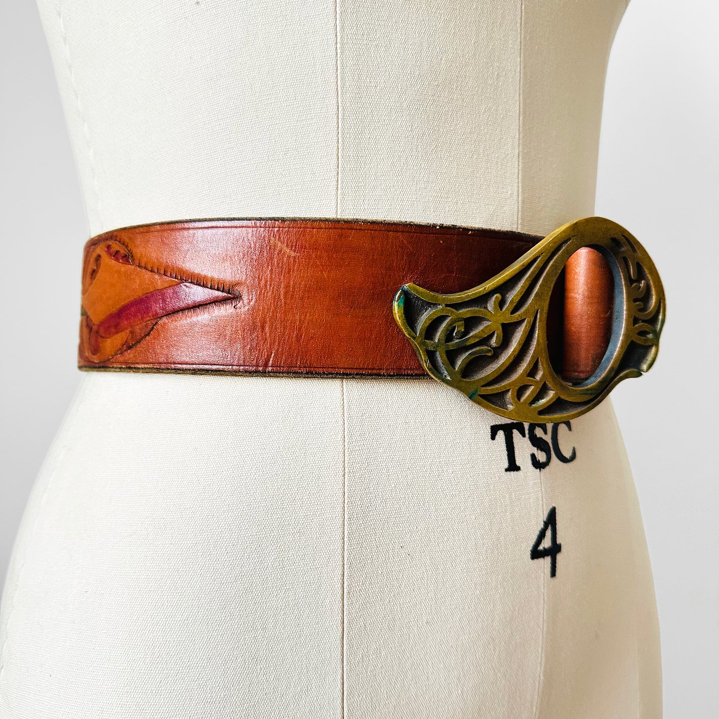 RESERVED!!! 1960s Barone Bros. Buckle and Tooled Leather Belt - Sz. 27.5-30.5