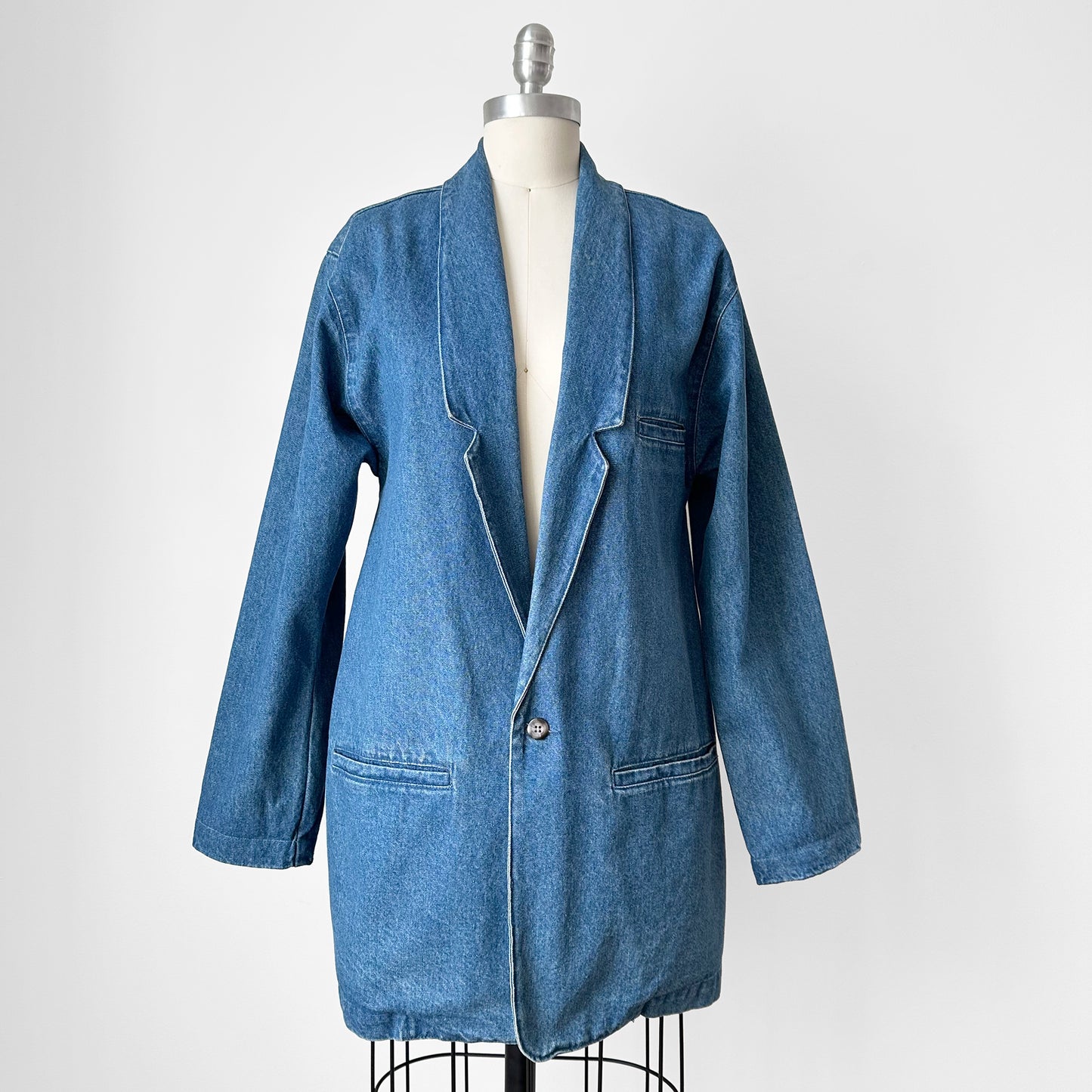 1980s Heavy Medium Wash Denim Single Button Jean Blazer Jacket - S/M