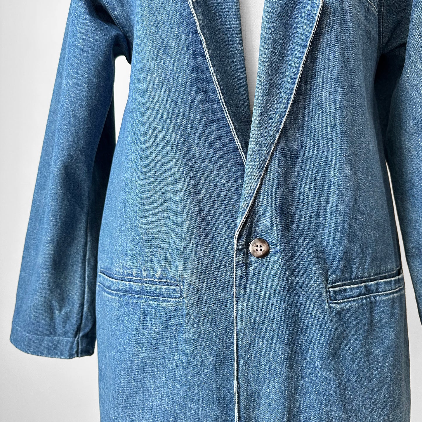 1980s Heavy Medium Wash Denim Single Button Jean Blazer Jacket - S/M