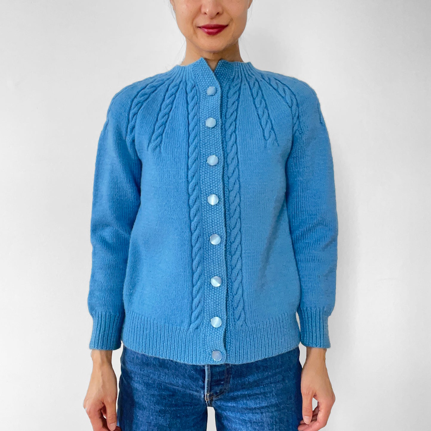 1970s Sky-Blue Button-Front Cable-Knit Cardigan Sweater