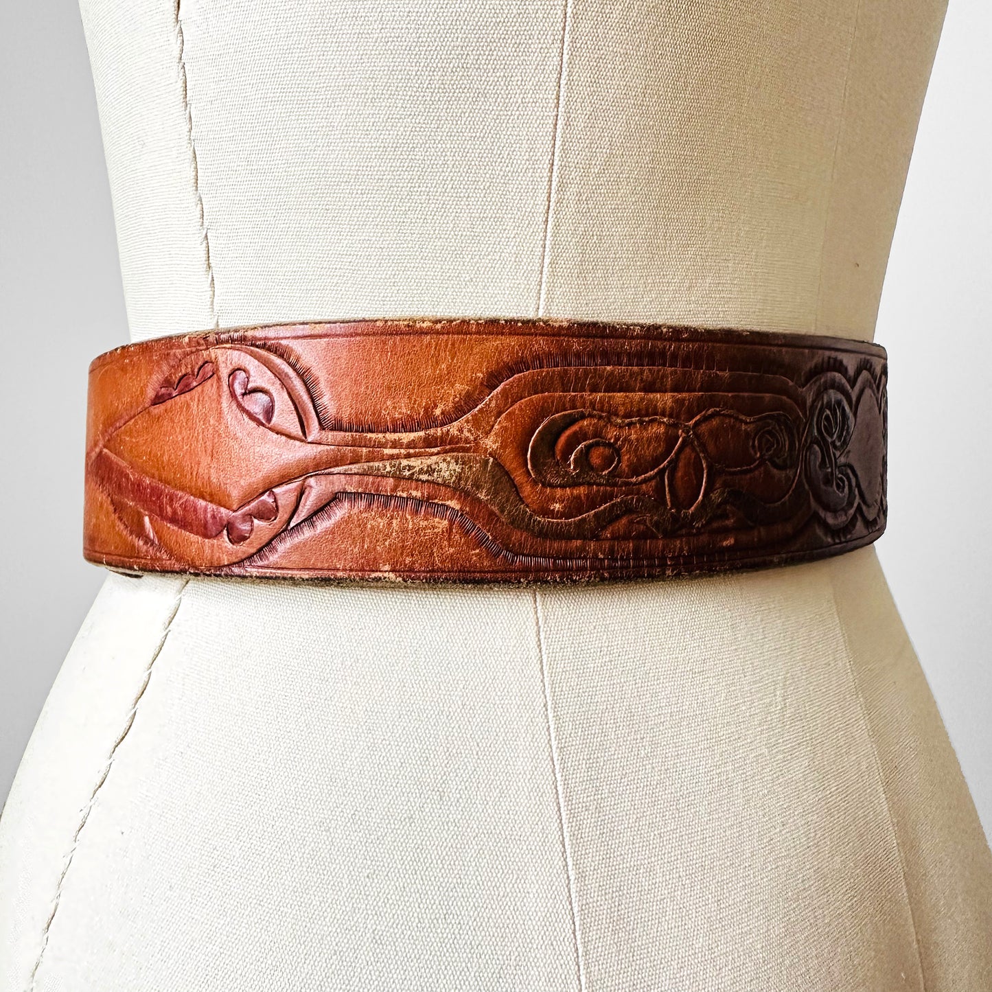 RESERVED!!! 1960s Barone Bros. Buckle and Tooled Leather Belt - Sz. 27.5-30.5