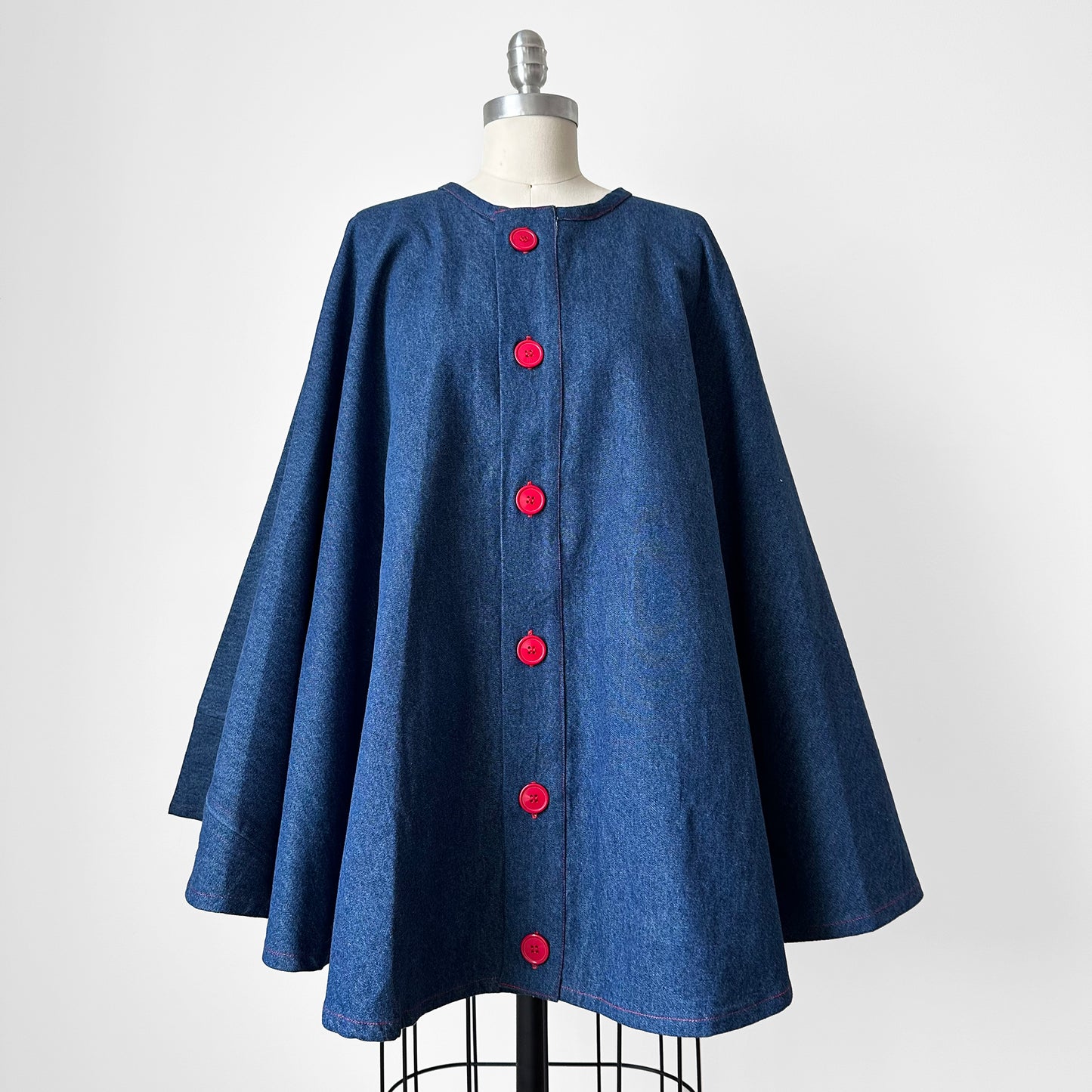 1960s Style Handmade Dark Wash Red Button Front Blue Jean Denim Cape