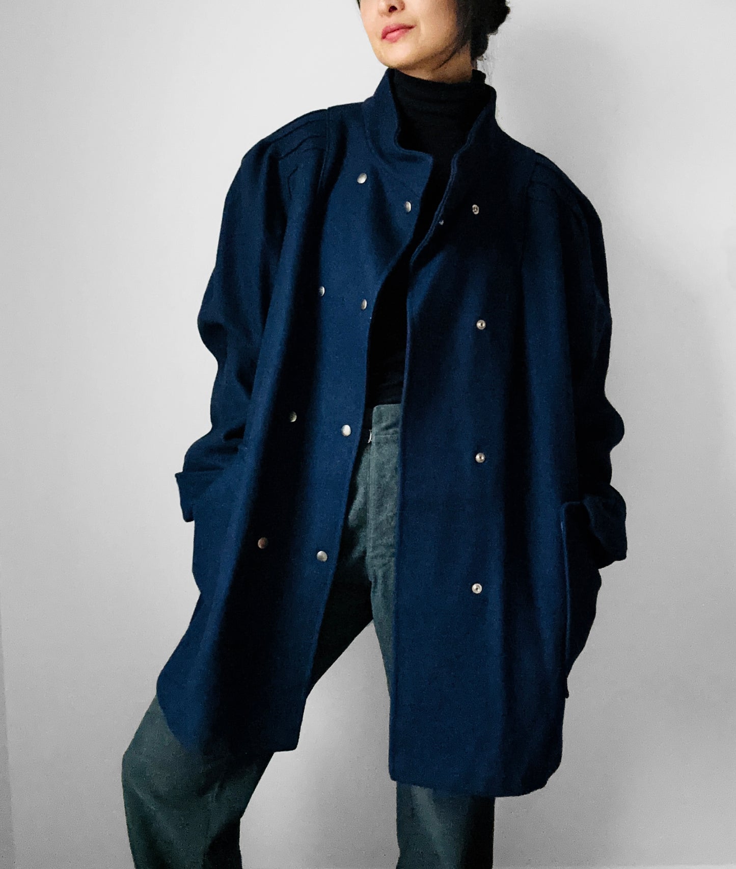 1980s Navy Blue Heavy Wool Snap Button Jacket Coat - O/S