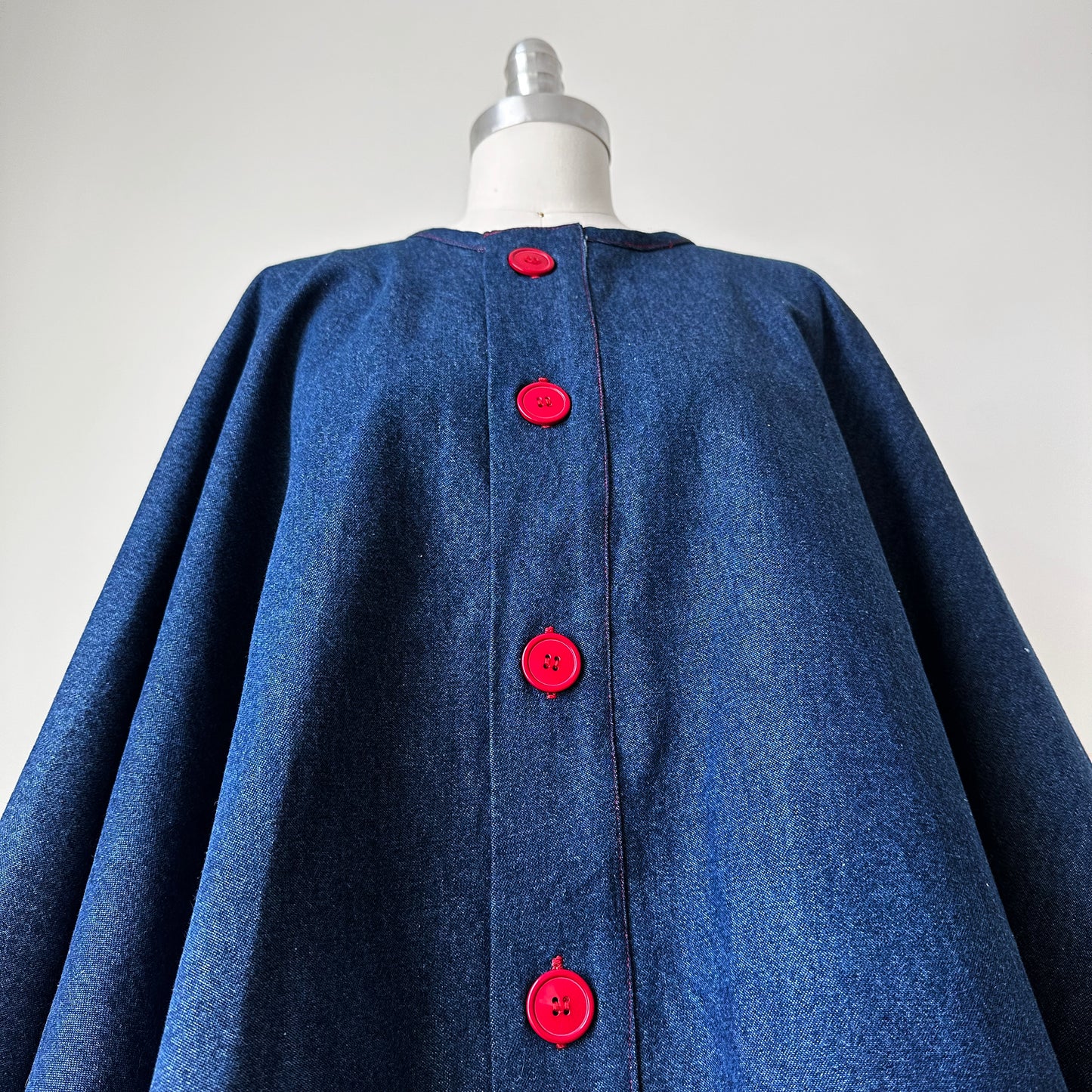 1960s Style Handmade Dark Wash Red Button Front Blue Jean Denim Cape