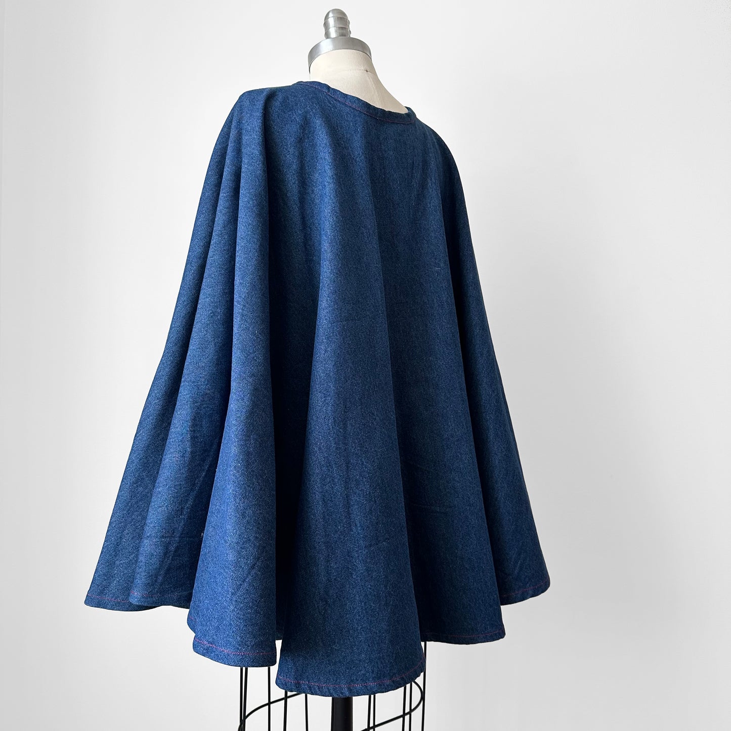 1960s Style Handmade Dark Wash Red Button Front Blue Jean Denim Cape