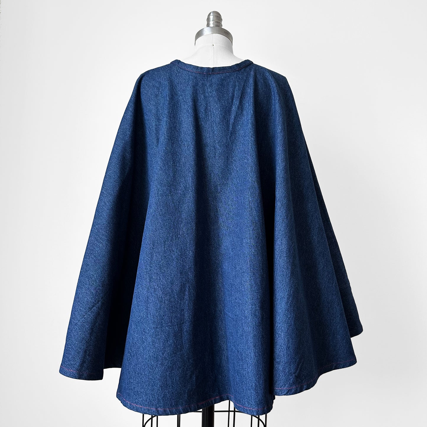 1960s Style Handmade Dark Wash Red Button Front Blue Jean Denim Cape