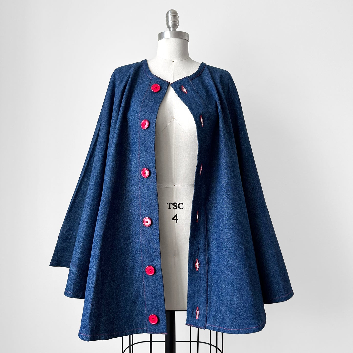 1960s Style Handmade Dark Wash Red Button Front Blue Jean Denim Cape