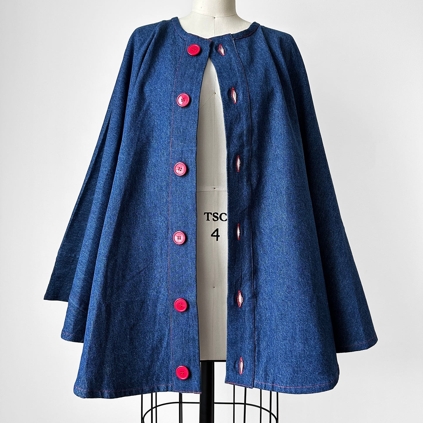 1960s Style Handmade Dark Wash Red Button Front Blue Jean Denim Cape