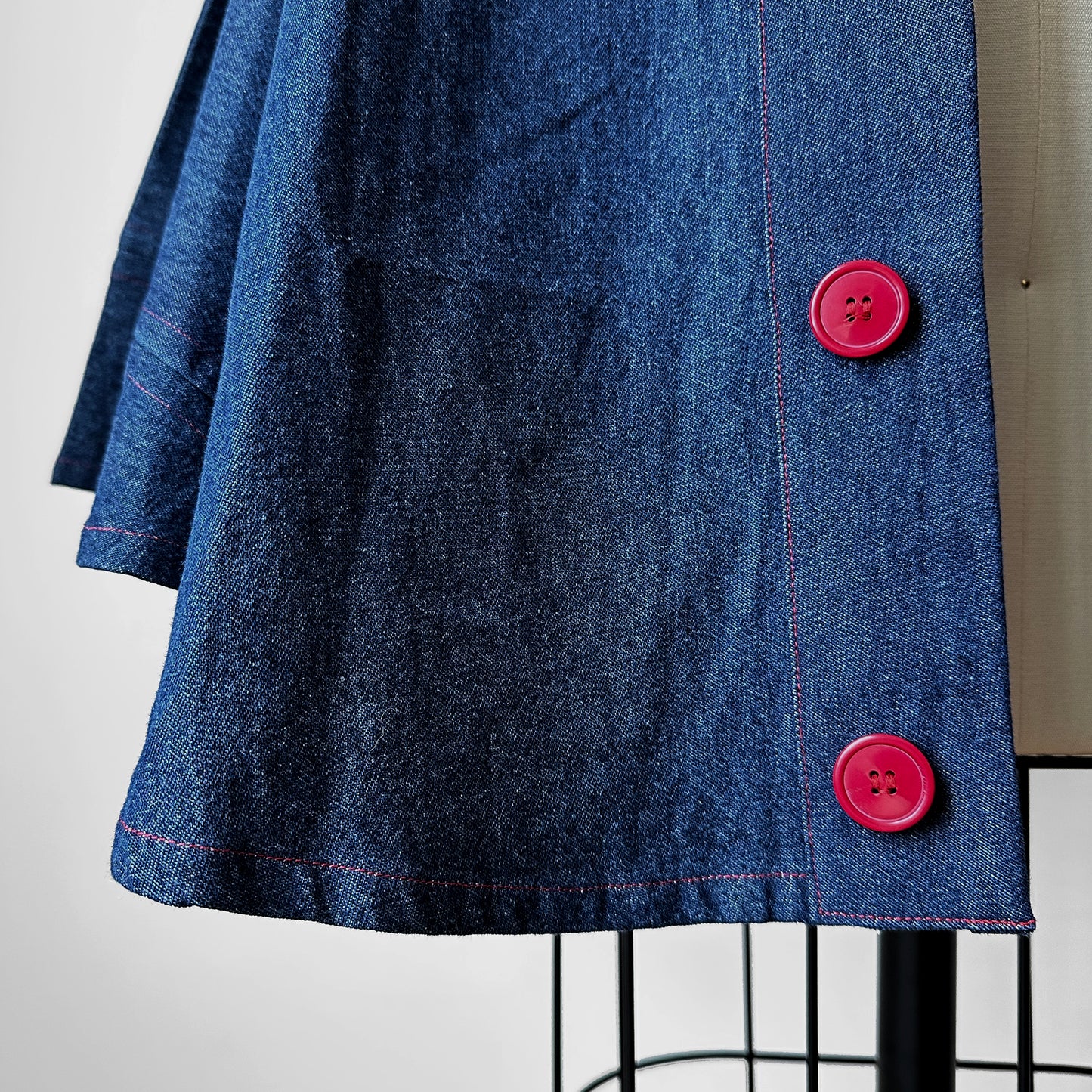 1960s Style Handmade Dark Wash Red Button Front Blue Jean Denim Cape