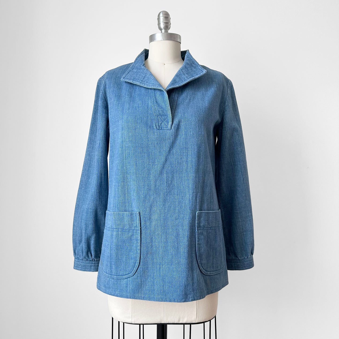 1960s - 1970s Soft Light Wash Denim Chambray Zip Back Shirt - S/M