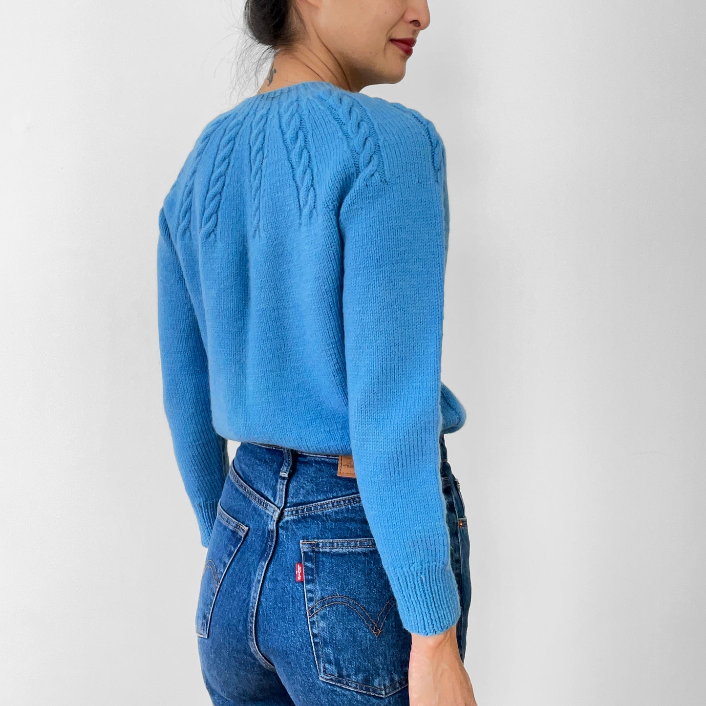 1970s Sky-Blue Button-Front Cable-Knit Cardigan Sweater