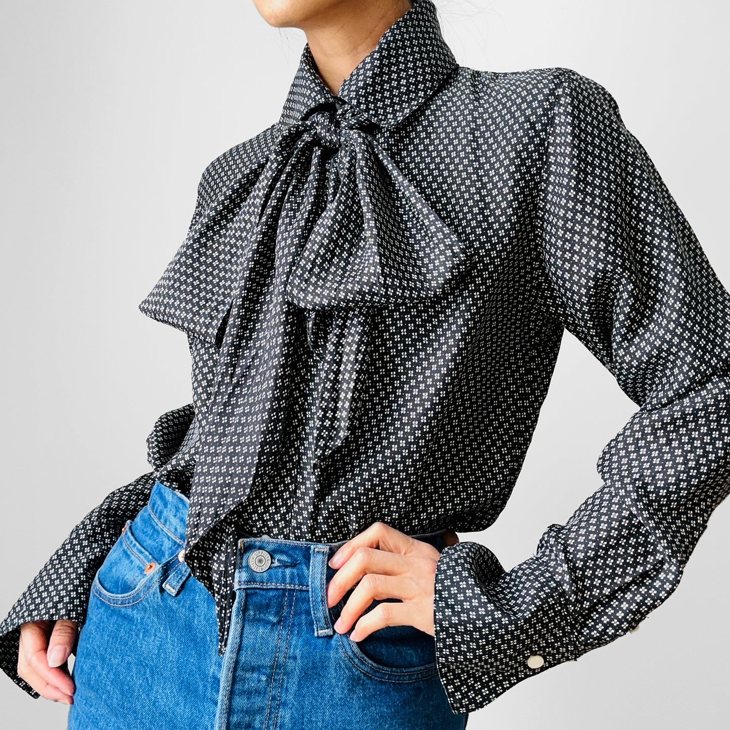 1990s Ralph Lauren Black and White Patterned Silk Collared Button-Up Tied Neck Blouse - Sz. S