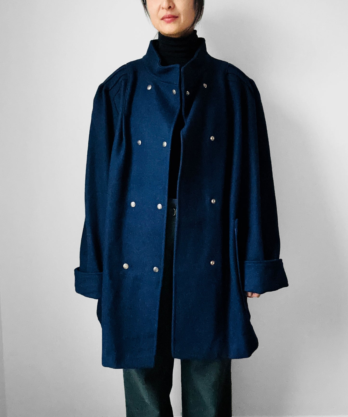 1980s Navy Blue Heavy Wool Snap Button Jacket Coat - O/S