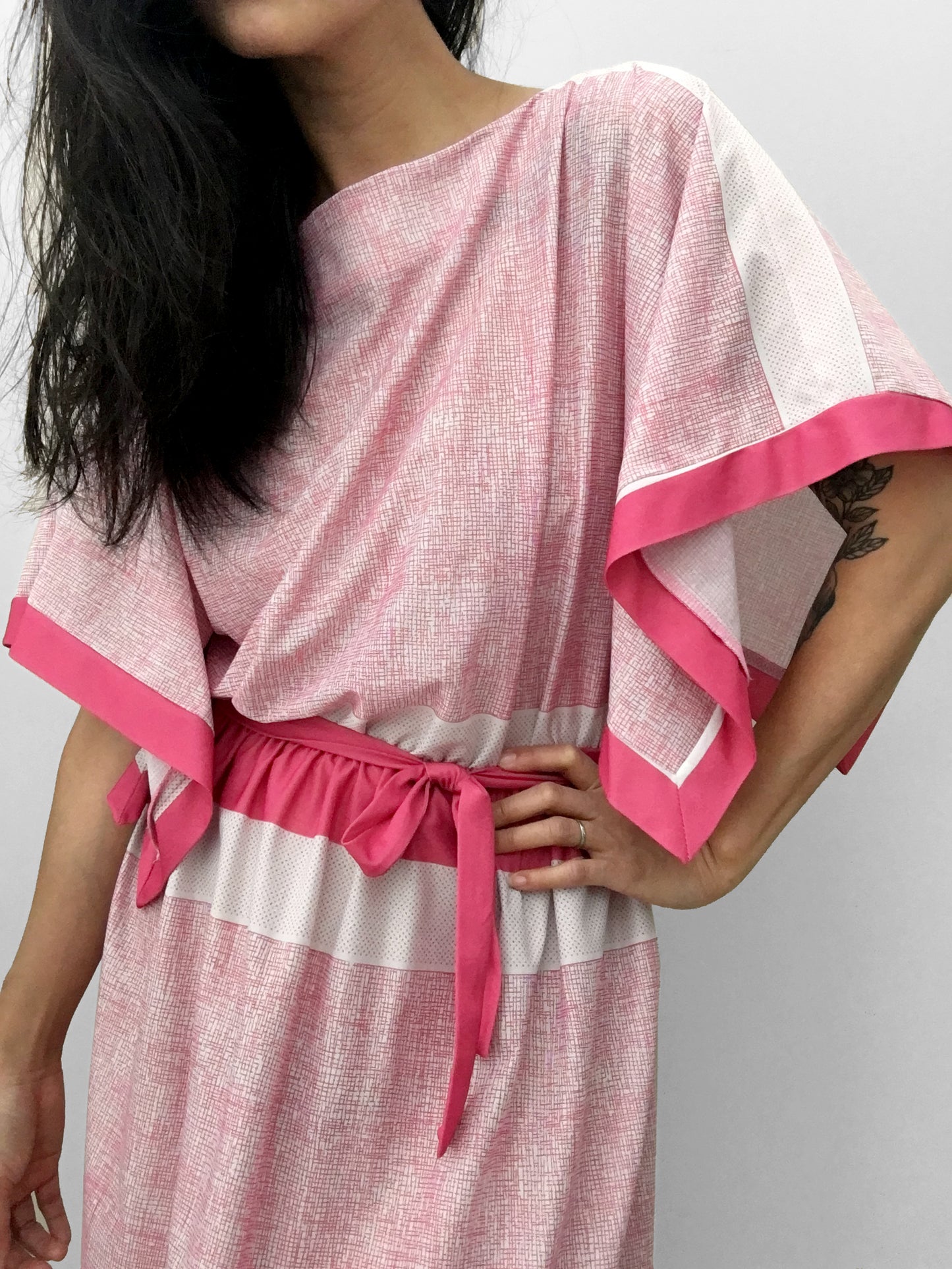 1980s Pink Lightweight Stripe Belted Elastic Waist Dress