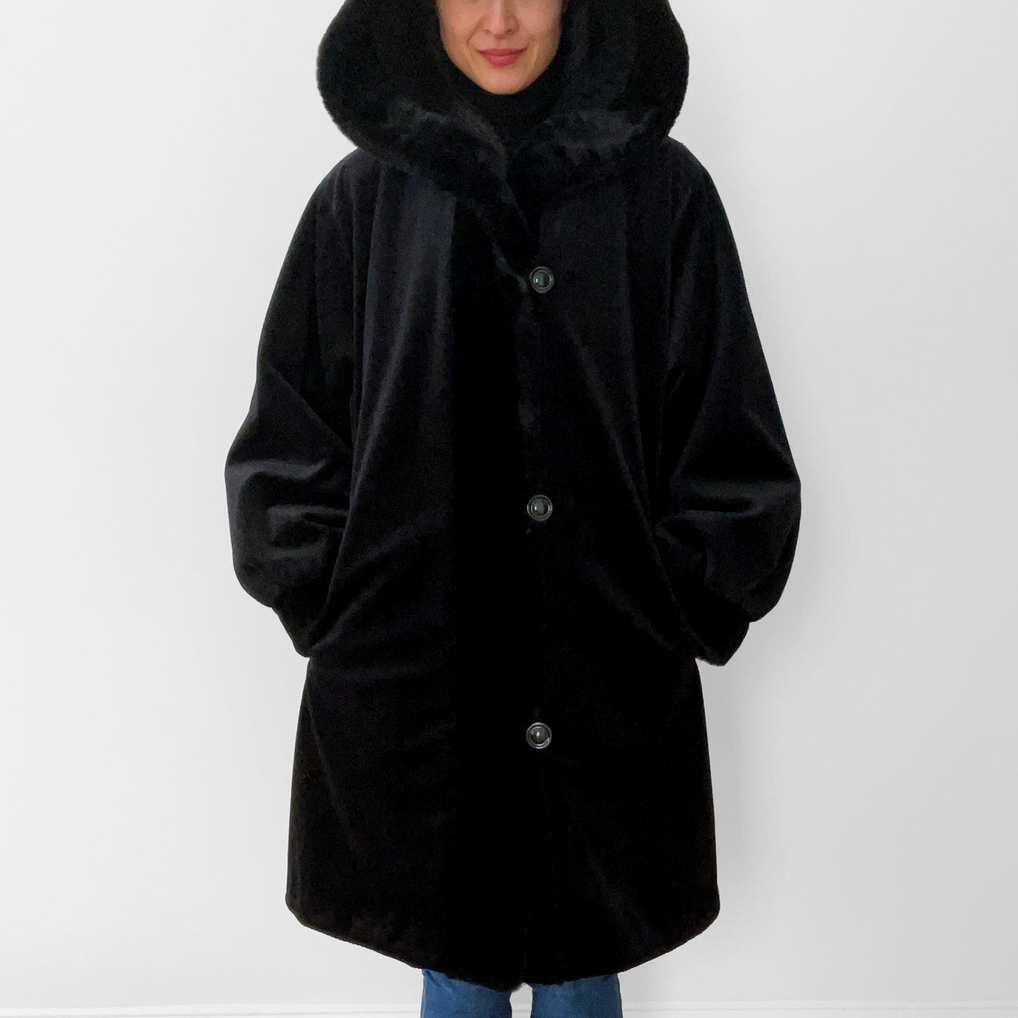 1980s Black Faux-Fur Reversible Hooded A-Line Coat