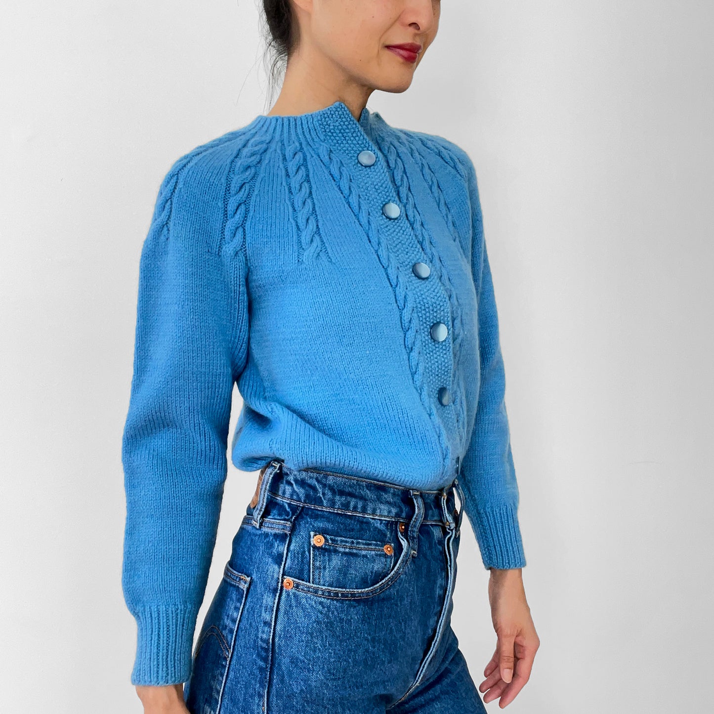 1970s Sky-Blue Button-Front Cable-Knit Cardigan Sweater