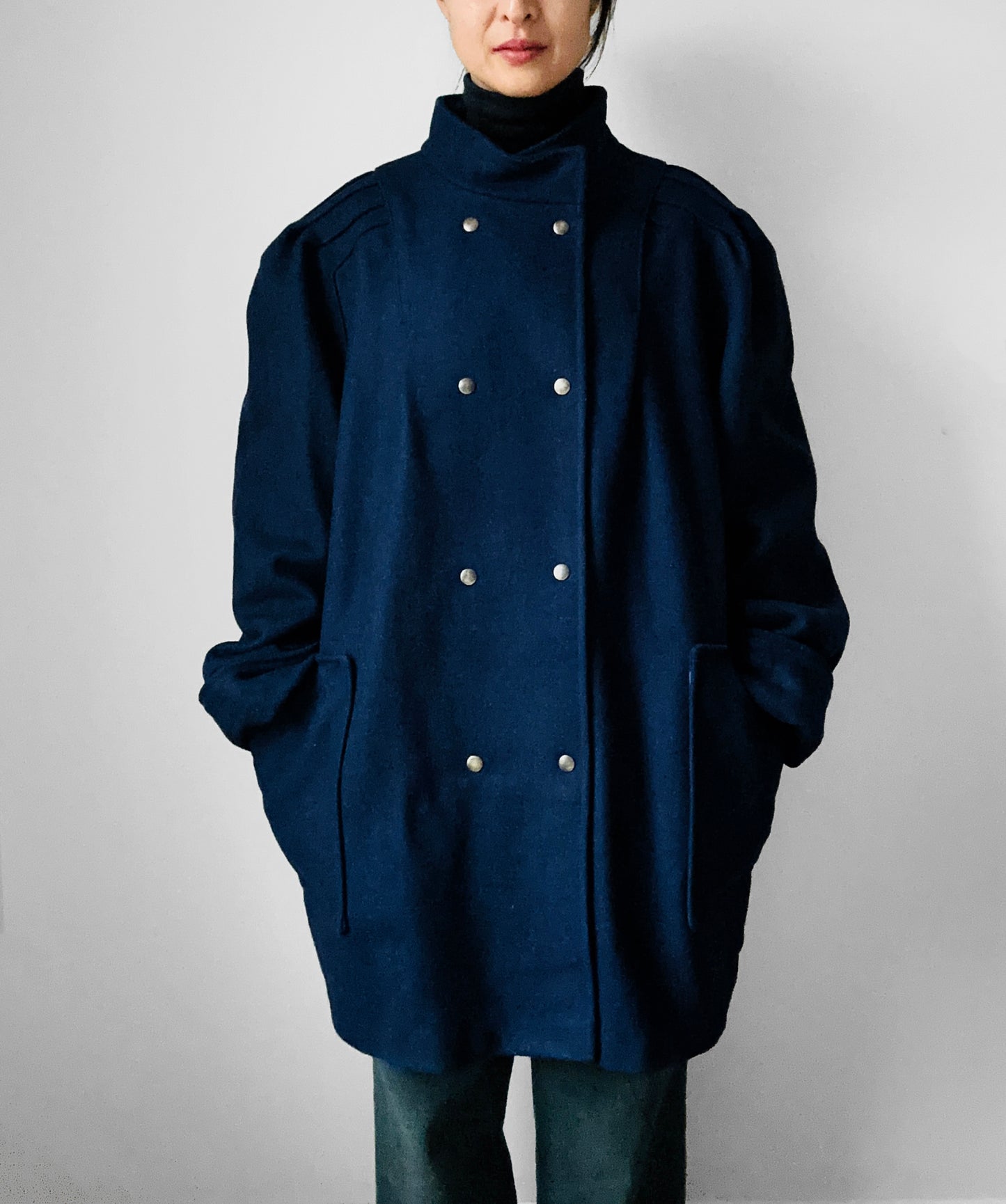 1980s Navy Blue Heavy Wool Snap Button Jacket Coat - O/S