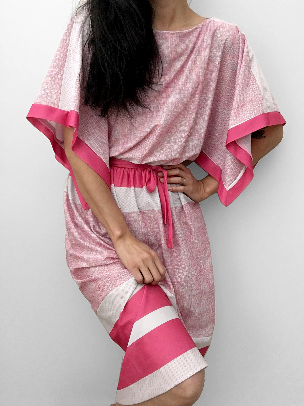 1980s Pink Lightweight Stripe Belted Elastic Waist Dress