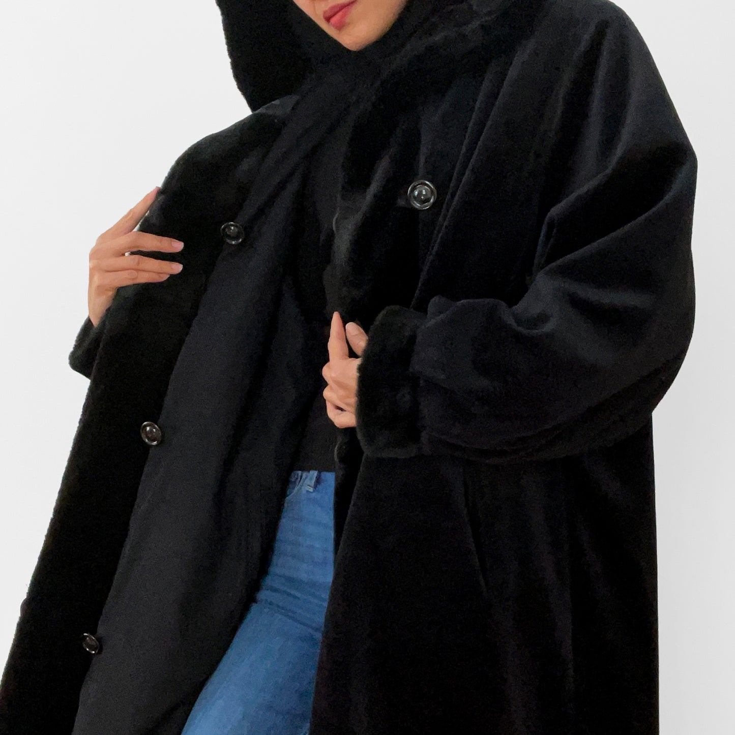 1980s Black Faux-Fur Reversible Hooded A-Line Coat