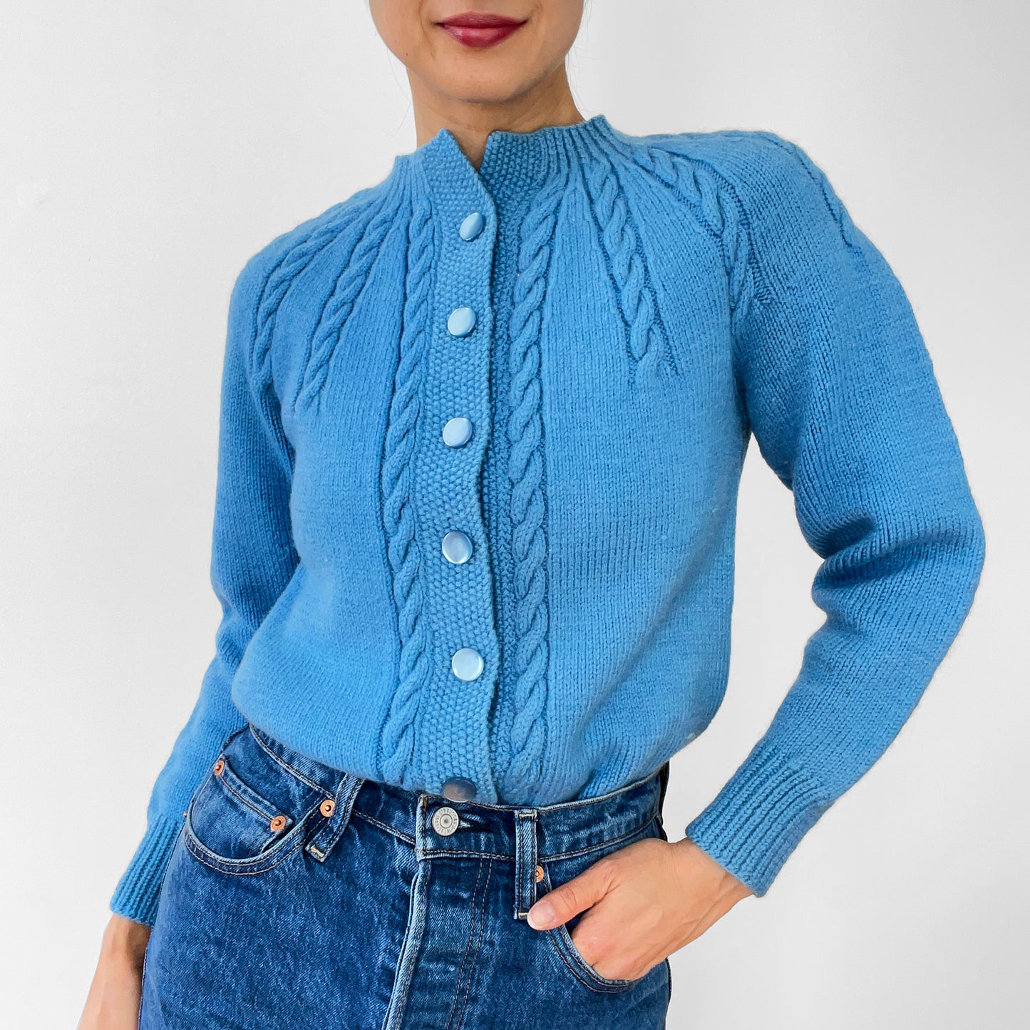 1970s Sky-Blue Button-Front Cable-Knit Cardigan Sweater