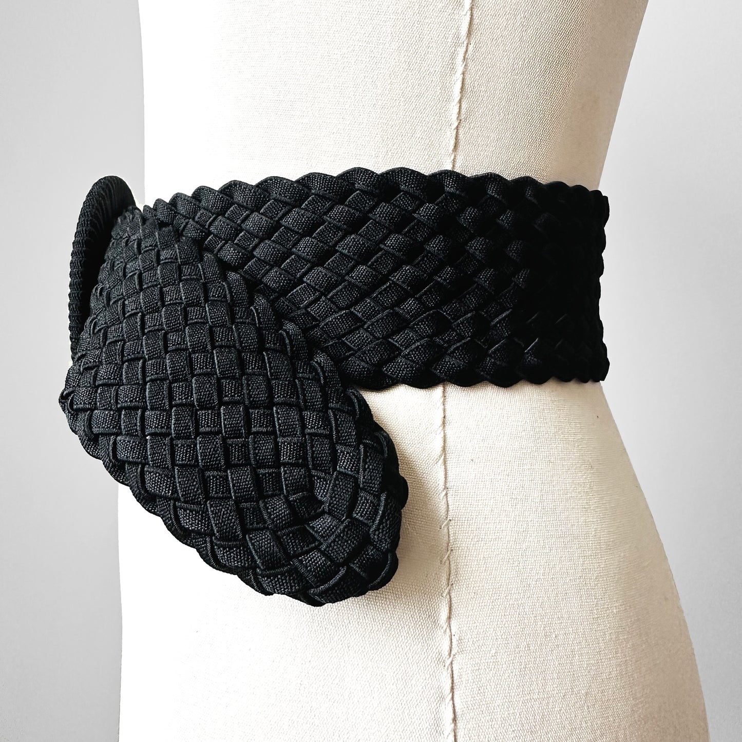 Black Wide Braided Woven Elastic Textile Statement Belt - O/S