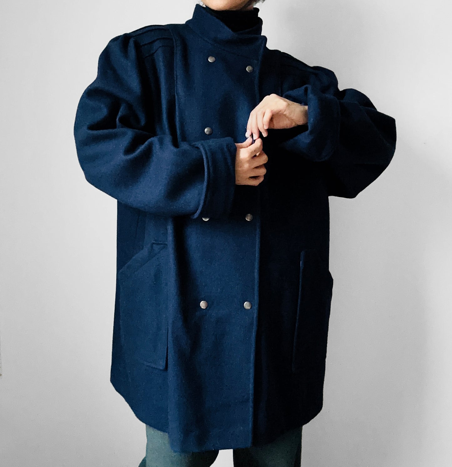 1980s Navy Blue Heavy Wool Snap Button Jacket Coat - O/S