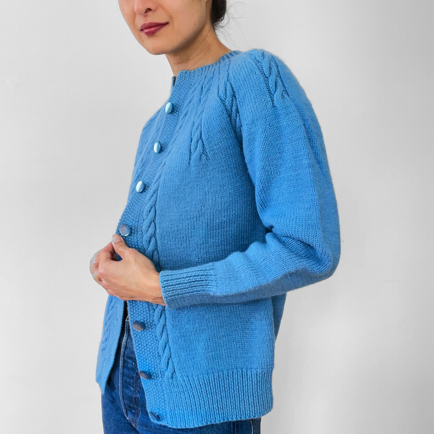 1970s Sky-Blue Button-Front Cable-Knit Cardigan Sweater