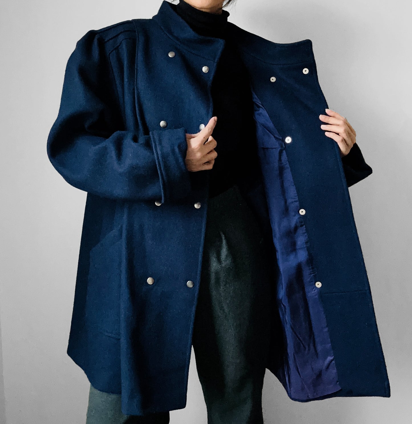 1980s Navy Blue Heavy Wool Snap Button Jacket Coat - O/S