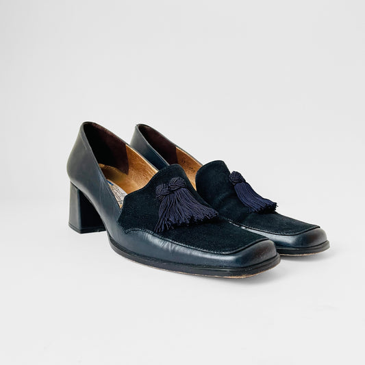 1990s Arnold Churgin Navy Suede and Leather Slip-On Heels