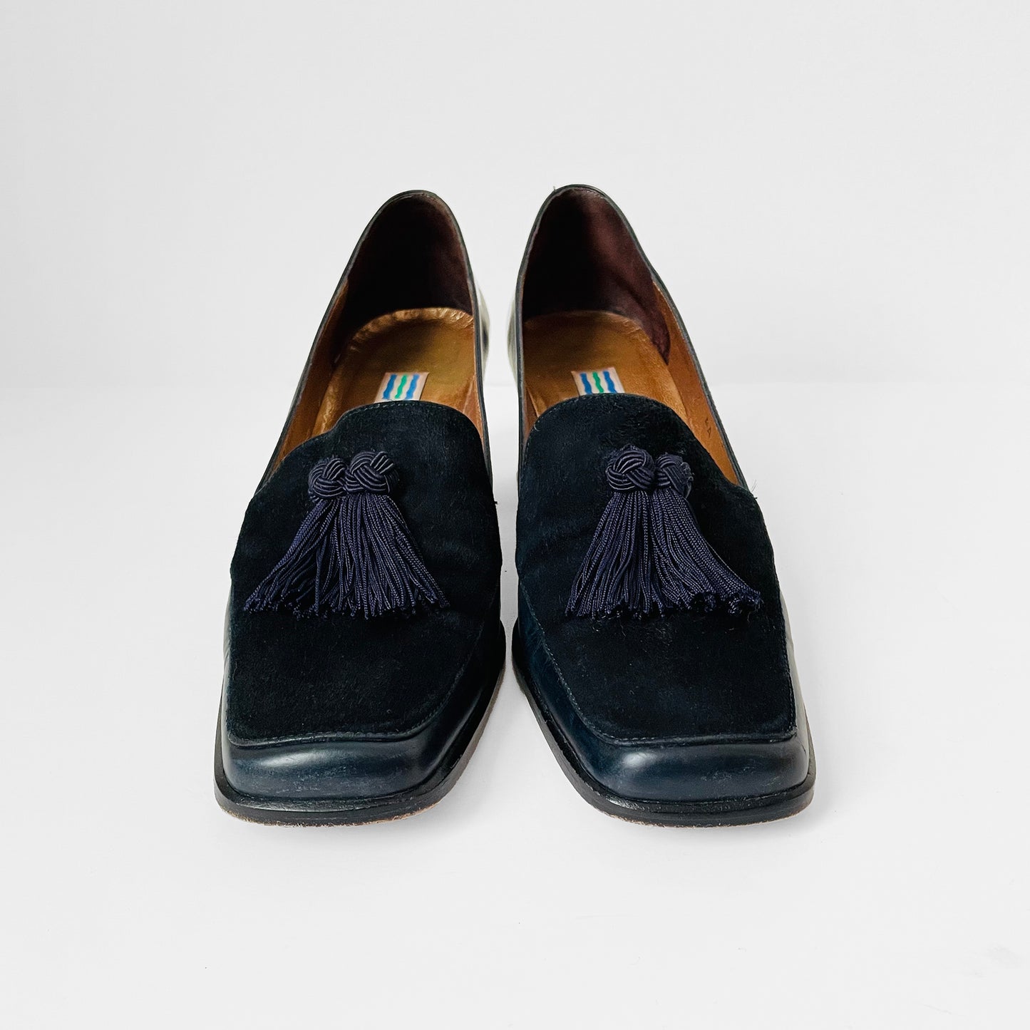 1990s Arnold Churgin Navy Suede and Leather Slip-On Heels