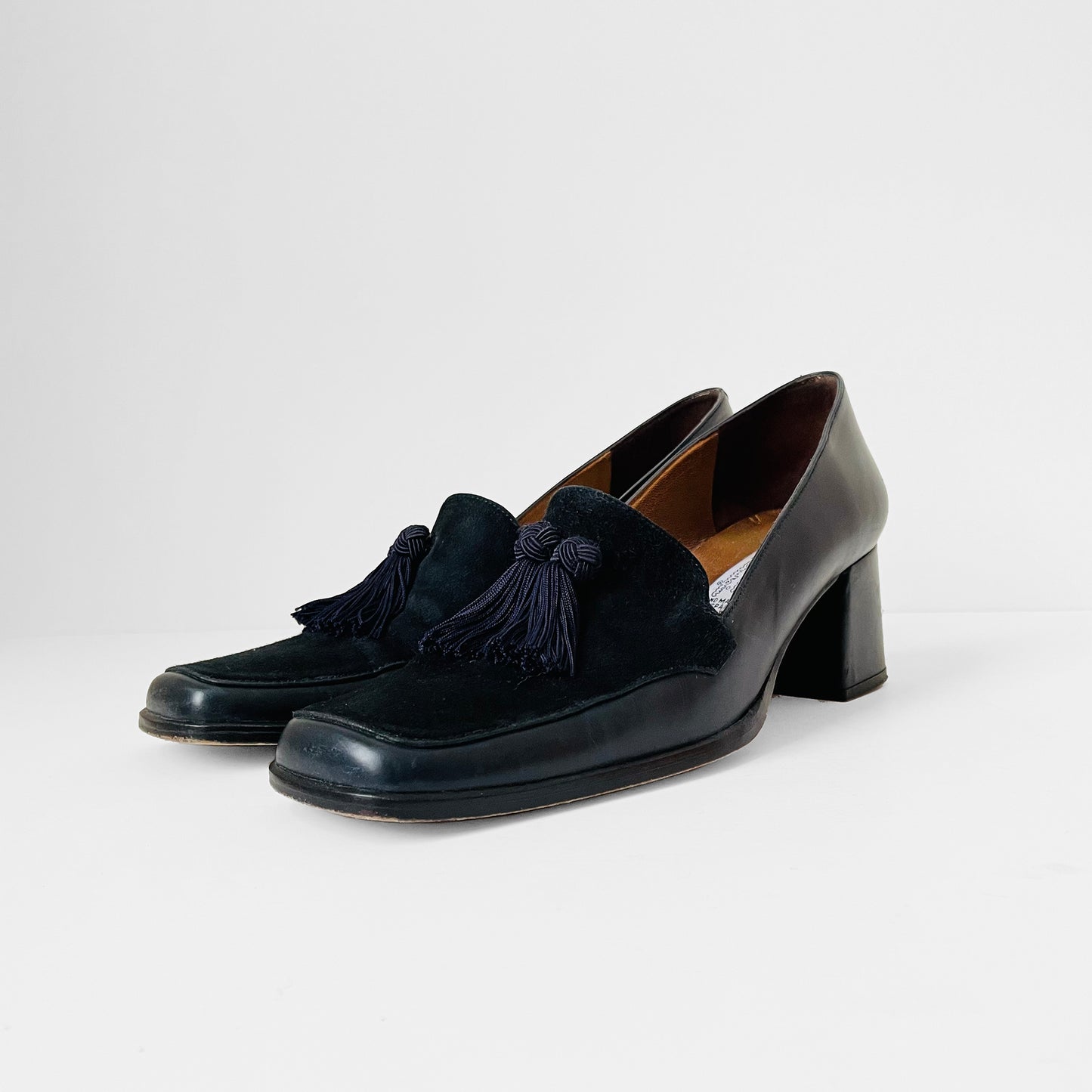 1990s Arnold Churgin Navy Suede and Leather Slip-On Heels