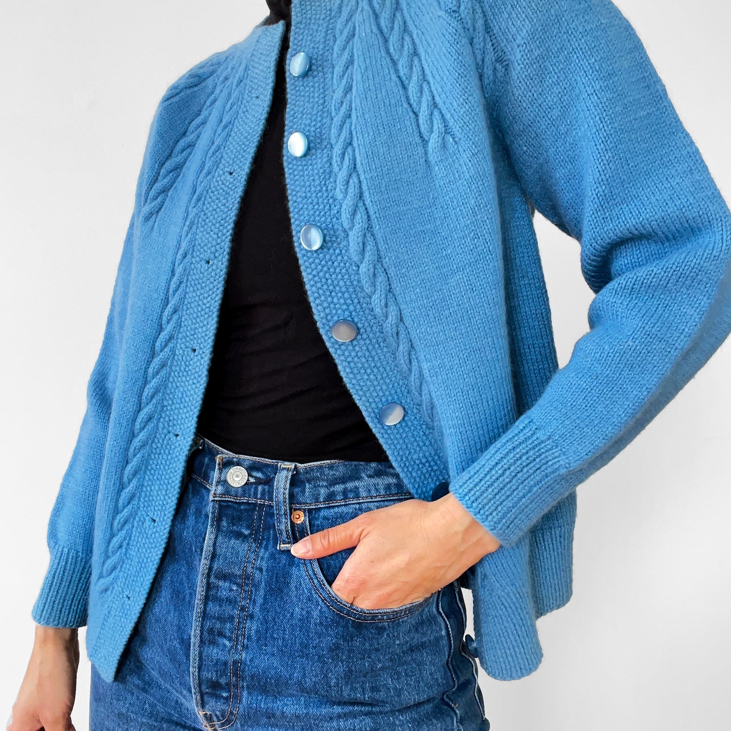 1970s Sky-Blue Button-Front Cable-Knit Cardigan Sweater