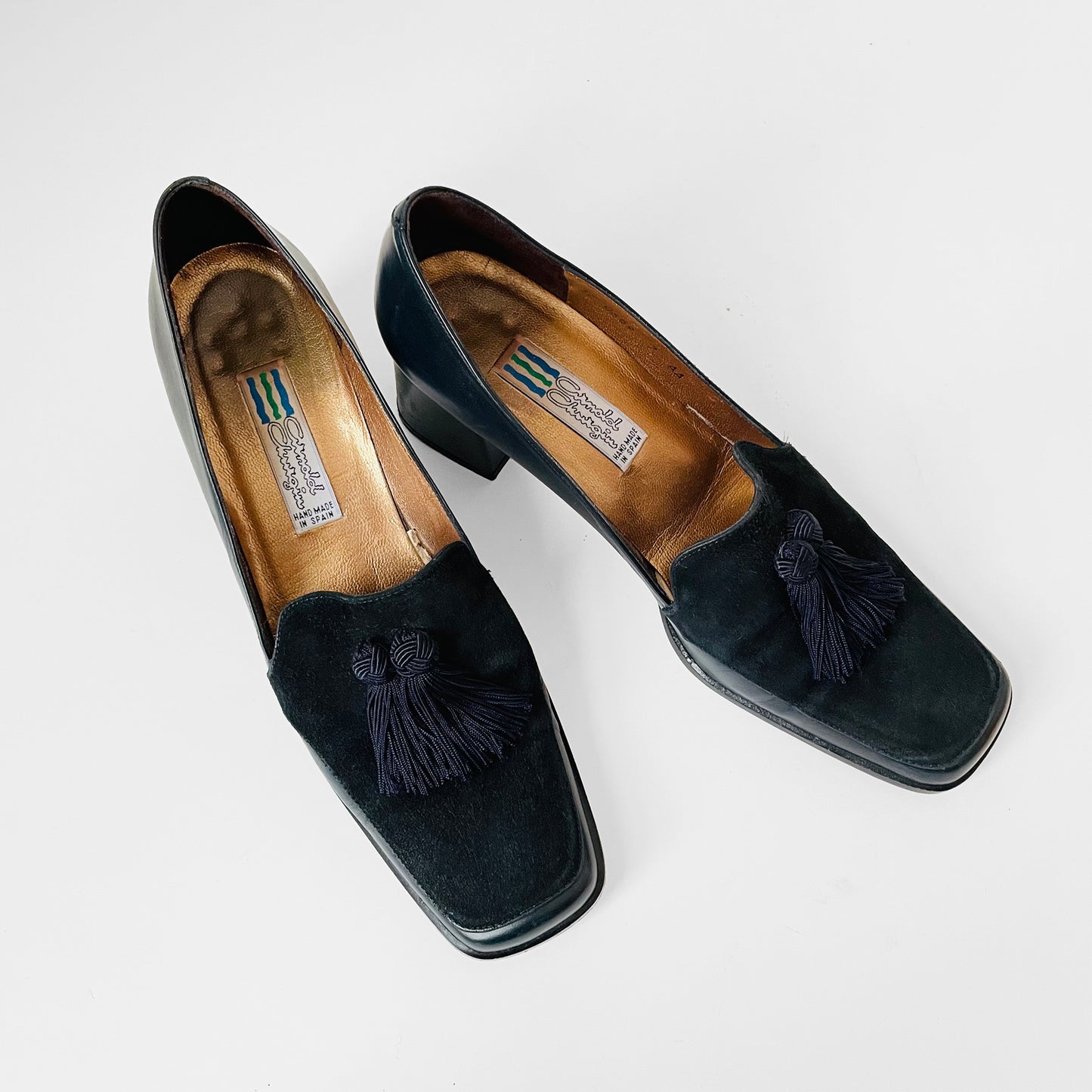 1990s Arnold Churgin Navy Suede and Leather Slip-On Heels