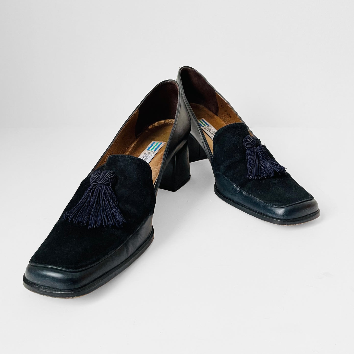 1990s Arnold Churgin Navy Suede and Leather Slip-On Heels