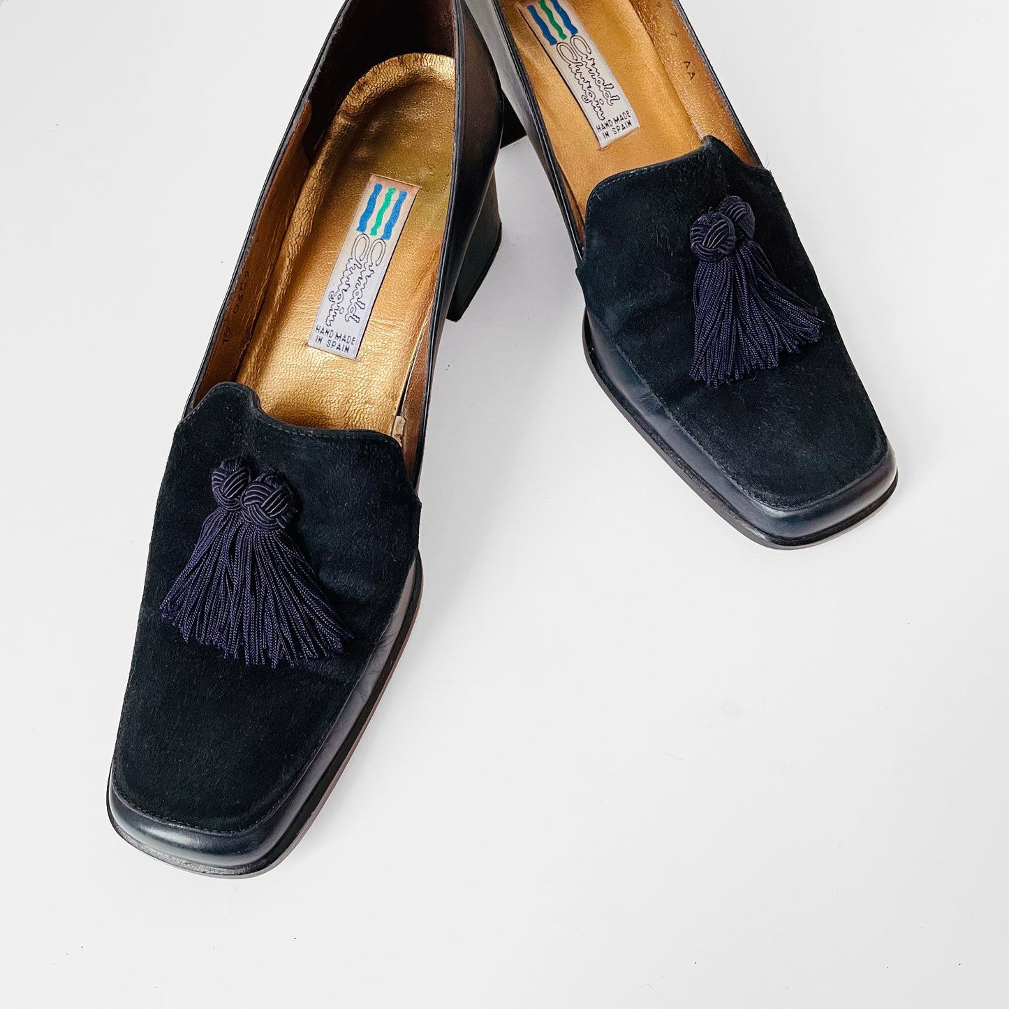 1990s Arnold Churgin Navy Suede and Leather Slip-On Heels