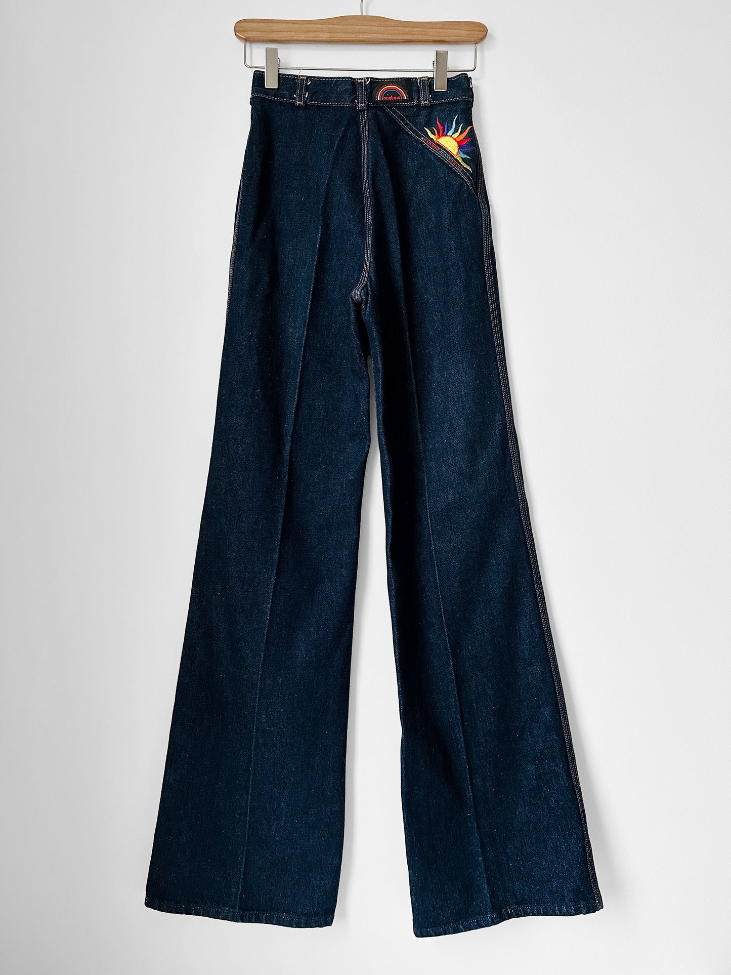 1970s High-Waisted Dark Wash Rainbow Embroidered Bell-Bottom Denim Blue Jeans - Waist 24