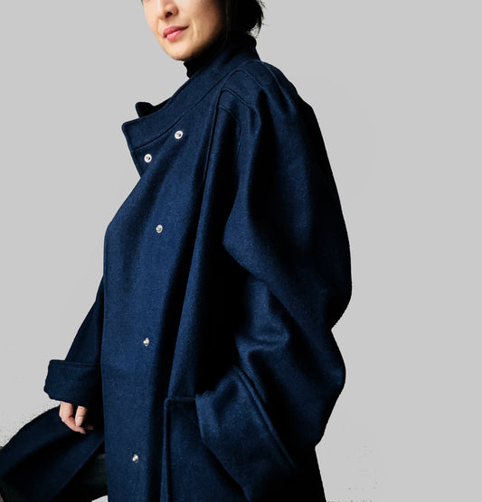 1980s Navy Blue Heavy Wool Snap Button Jacket Coat - O/S