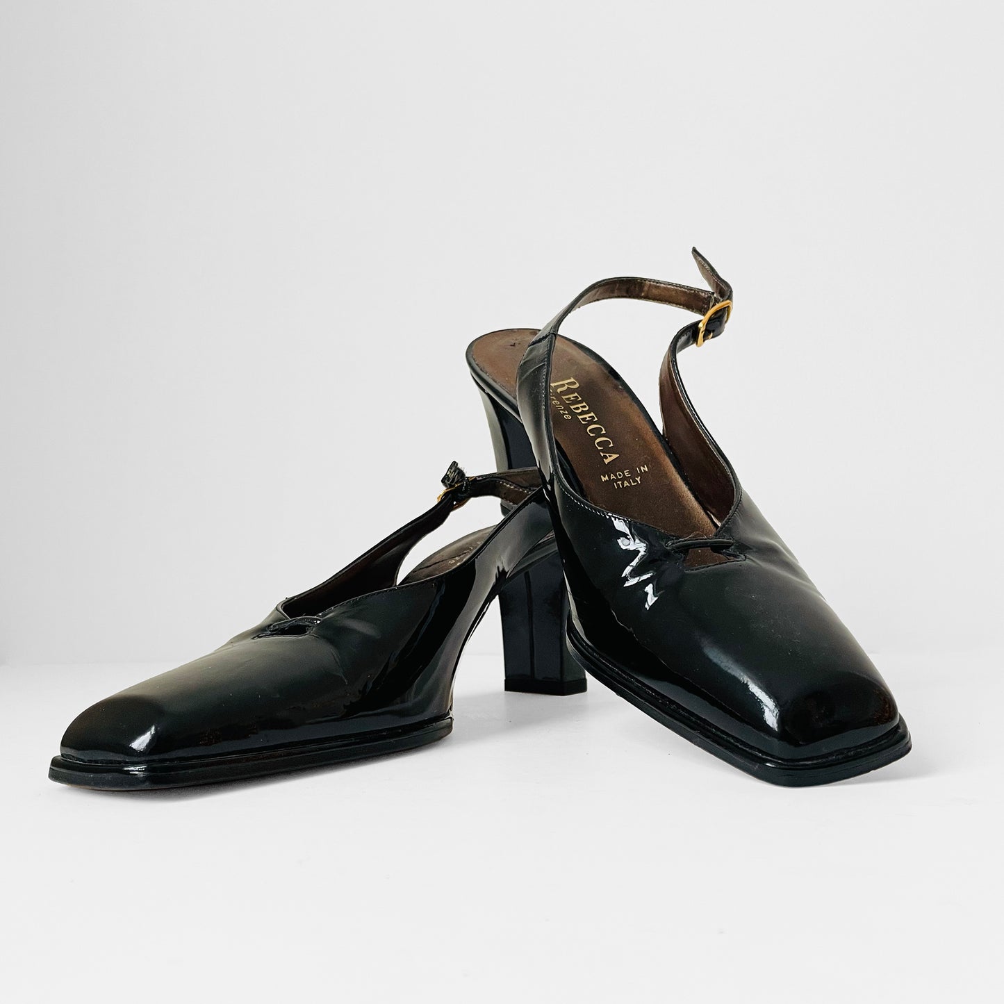 1990s Black Patent Leather Slingback Square Toe Block-Heeled Shoes