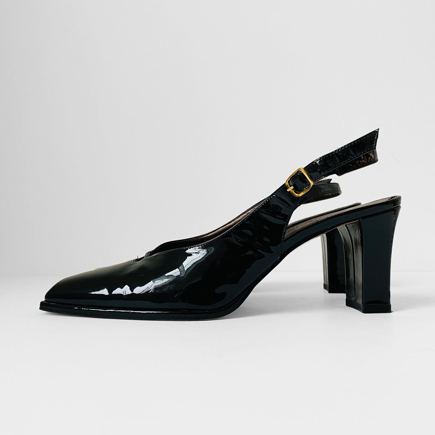 1990s Black Patent Leather Slingback Square Toe Block-Heeled Shoes