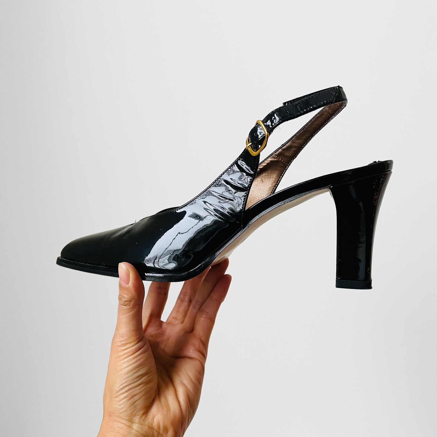 1990s Black Patent Leather Slingback Square Toe Block-Heeled Shoes