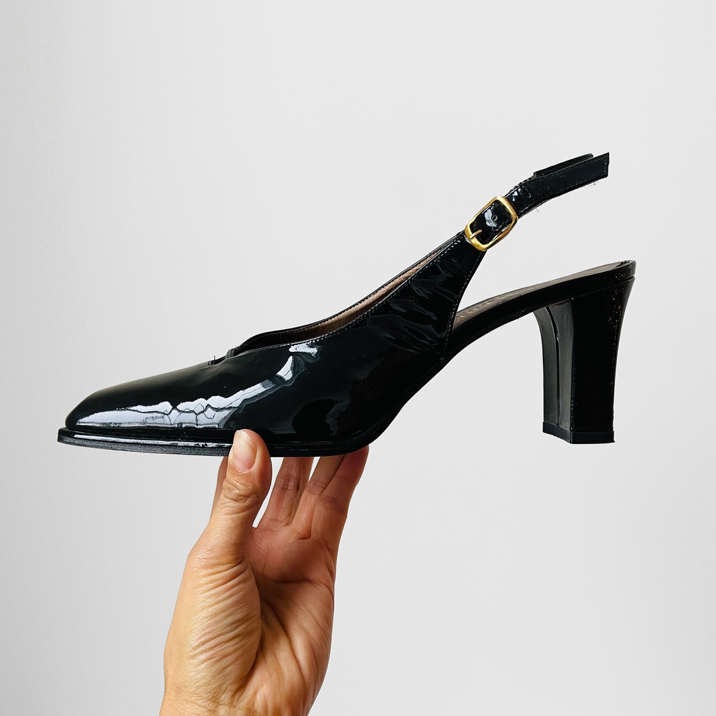 1990s Black Patent Leather Slingback Square Toe Block-Heeled Shoes