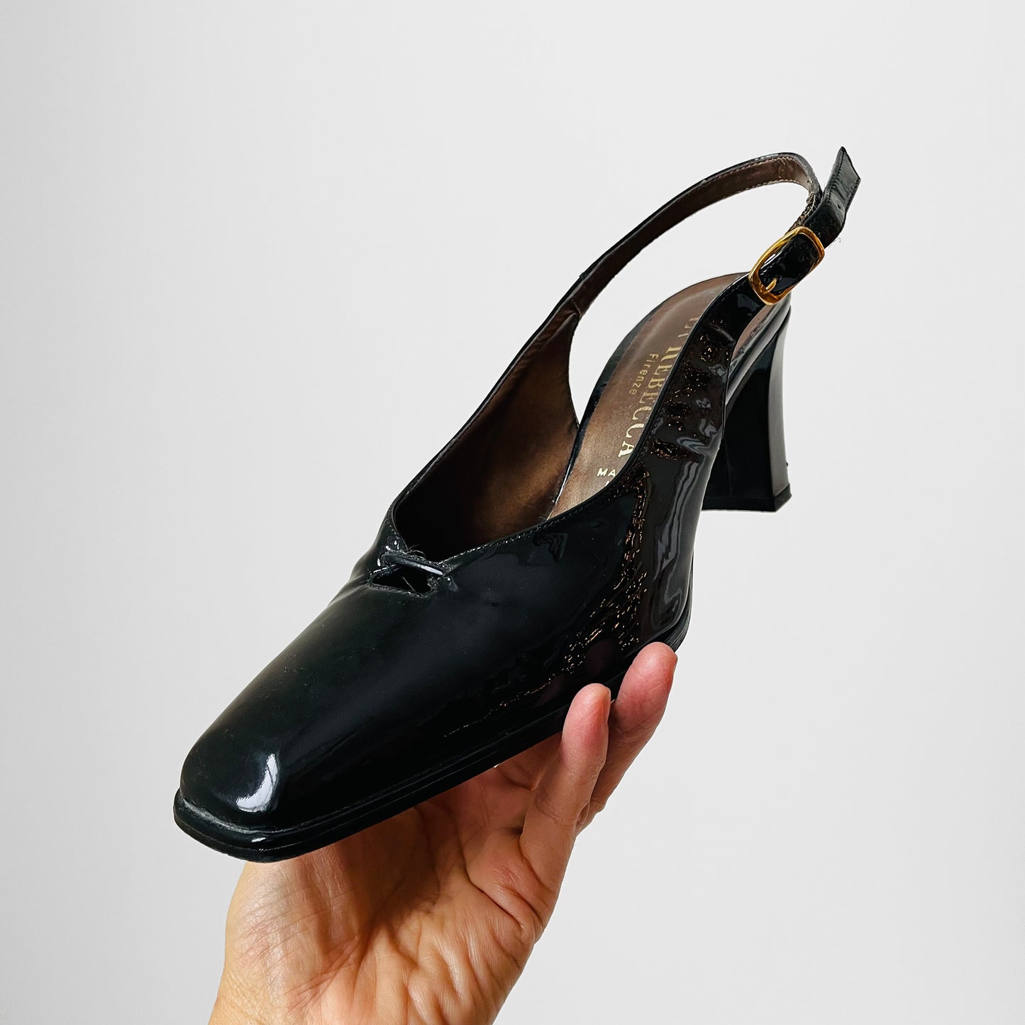 1990s Black Patent Leather Slingback Square Toe Block-Heeled Shoes