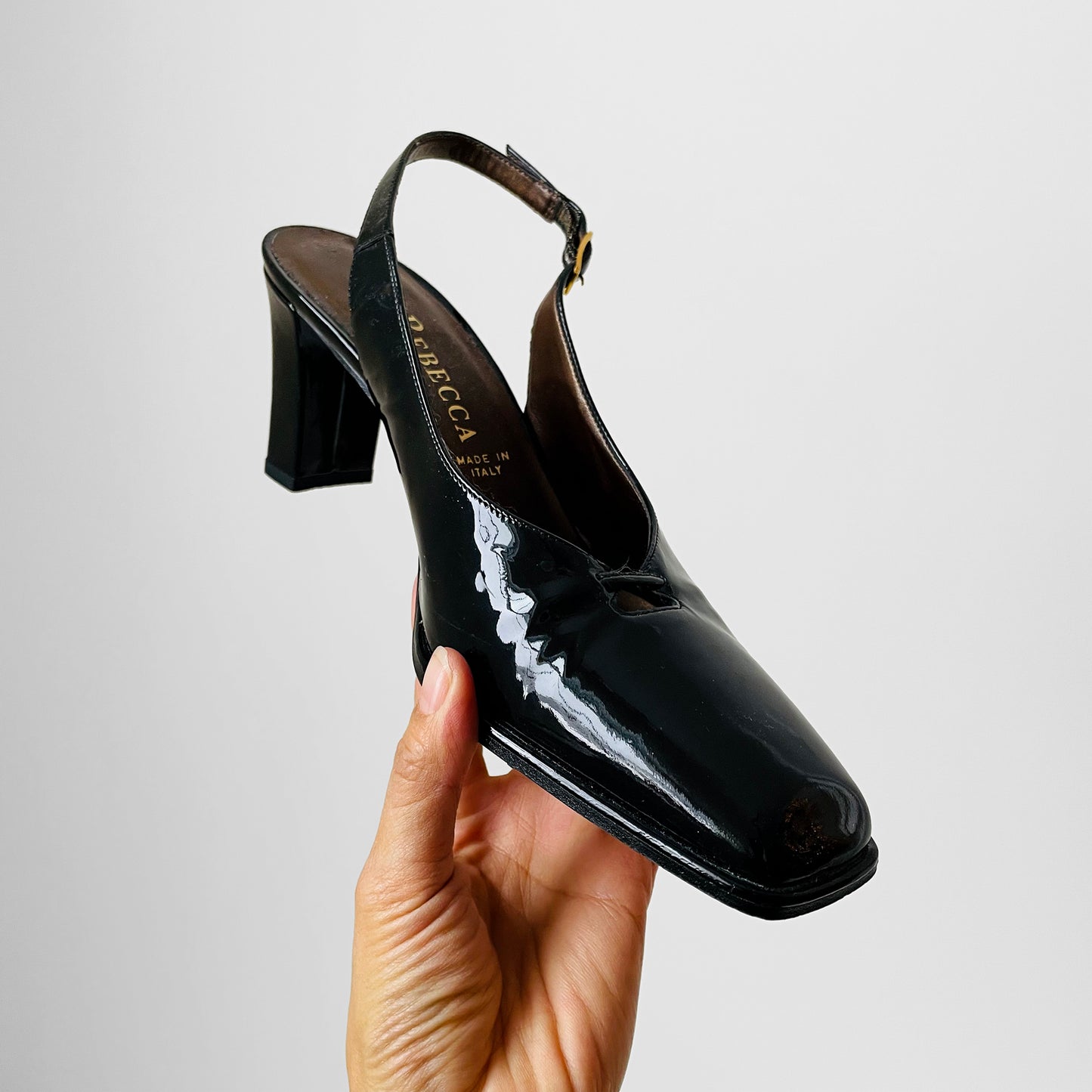 1990s Black Patent Leather Slingback Square Toe Block-Heeled Shoes