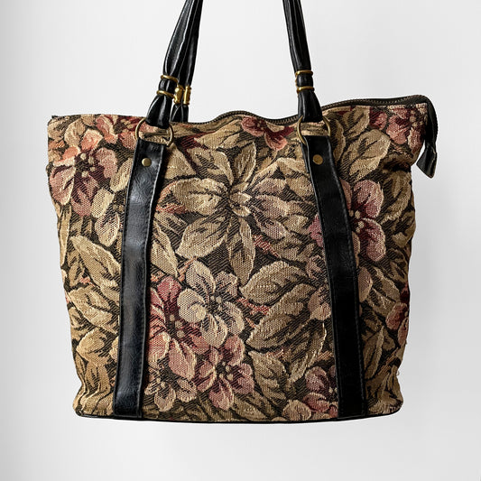 1990s Floral Woven Textile Faux-Leather Zippered Tapestry Top-Handle Handbag Tote