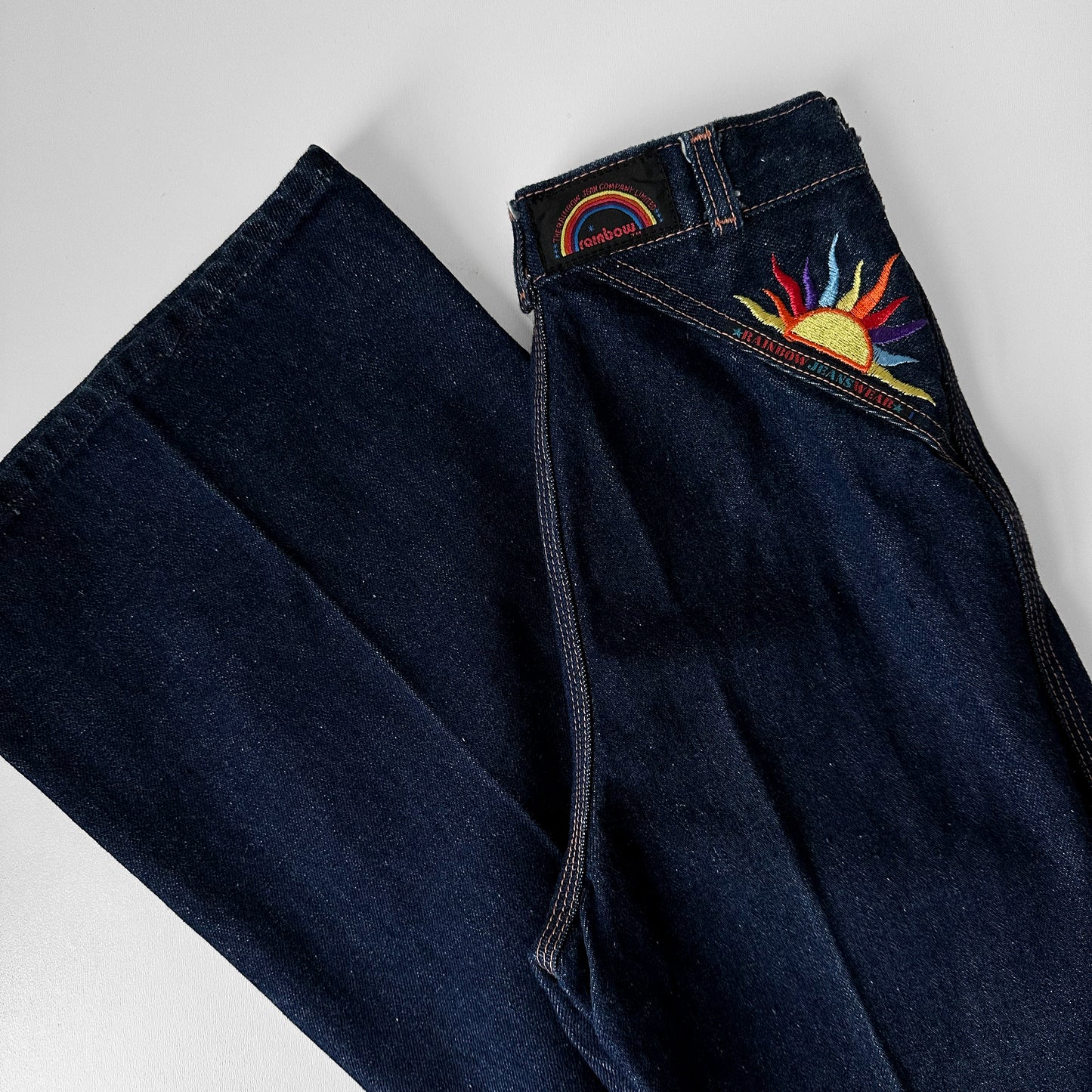 1970s High-Waisted Dark Wash Rainbow Embroidered Bell-Bottom Denim Blue Jeans - Waist 24