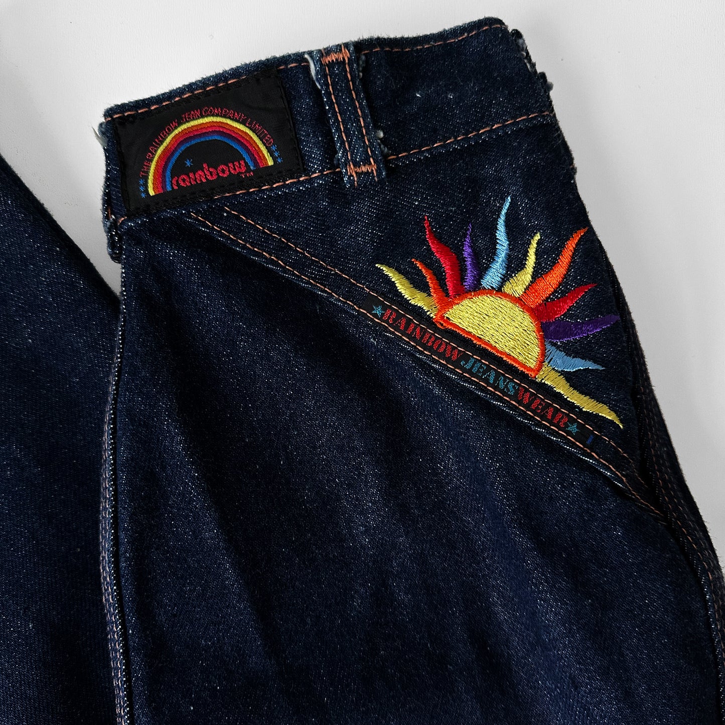 1970s High-Waisted Dark Wash Rainbow Embroidered Bell-Bottom Denim Blue Jeans - Waist 24