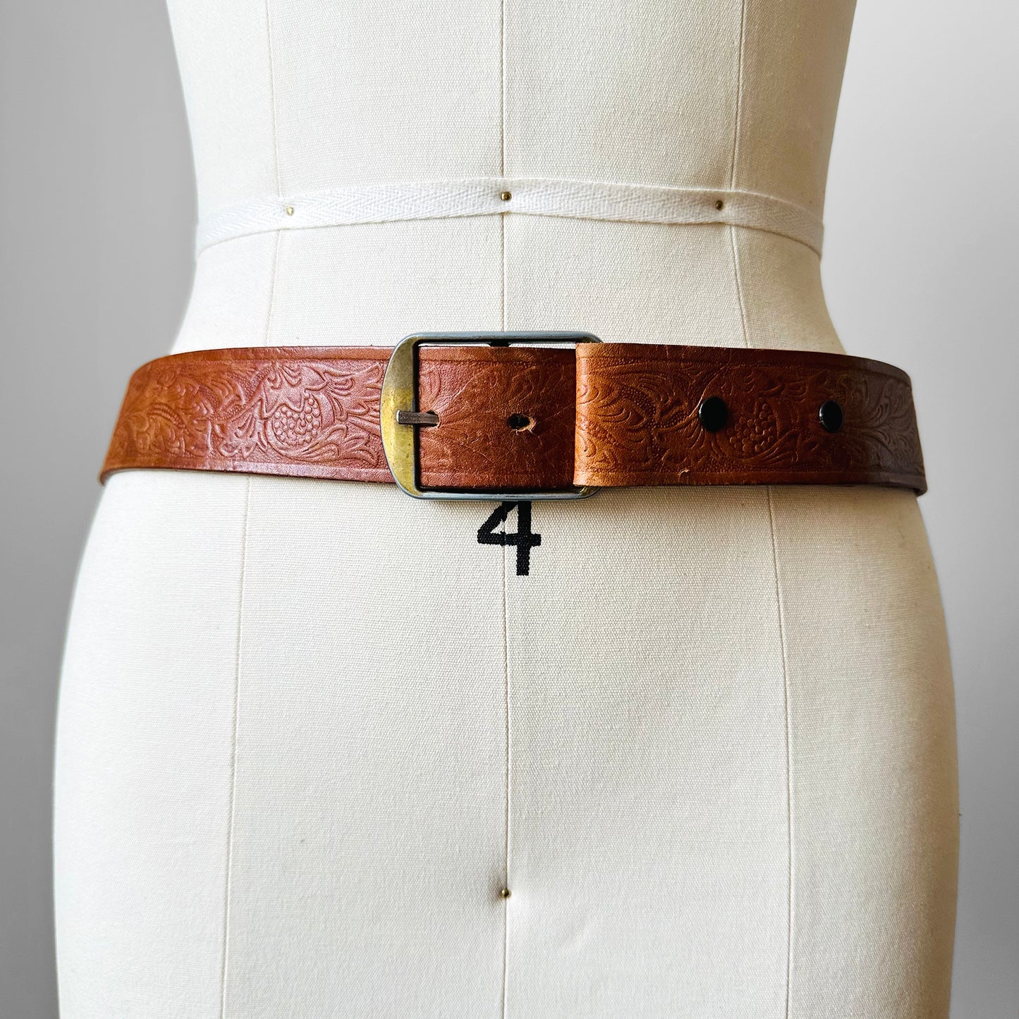 Well-Worn Tan Tooled Leather Belt - Sz. 32 - 35.5