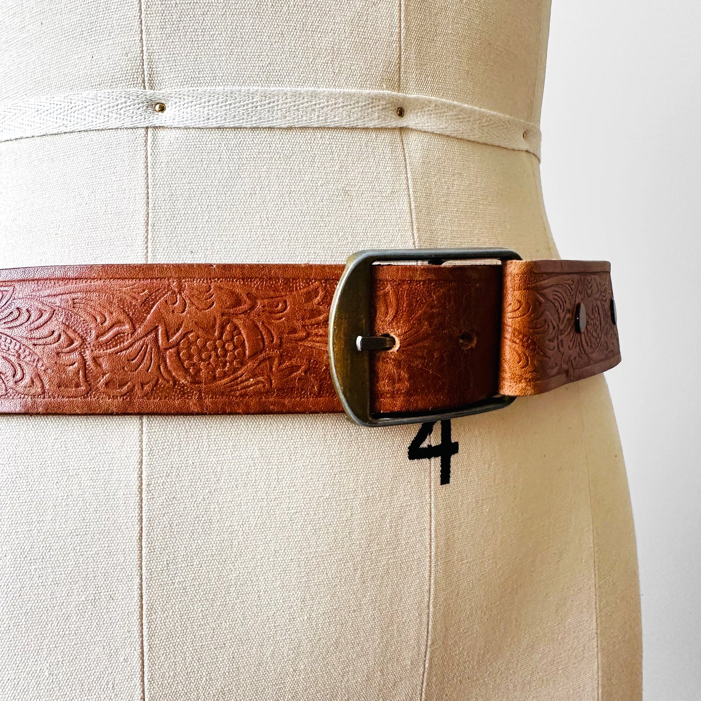 Well-Worn Tan Tooled Leather Belt - Sz. 32 - 35.5